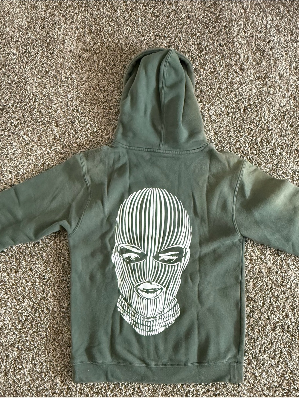 Olive Green Graphic Hoodie with White Ski Mask Print